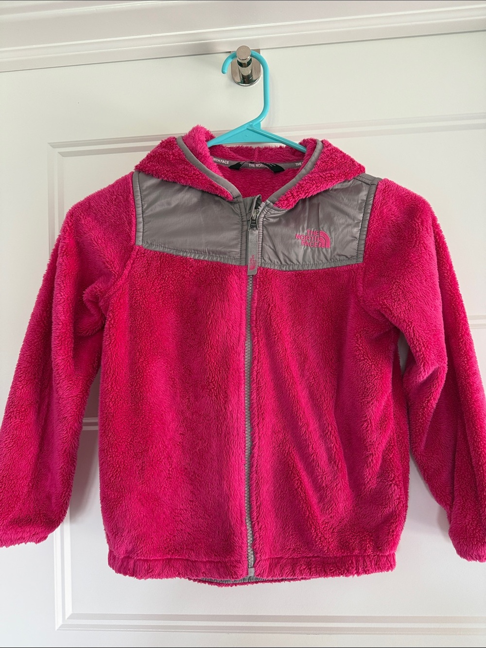 The North Face Girls' Magenta Fleece Hoodie with Gray Shoulder Panels
